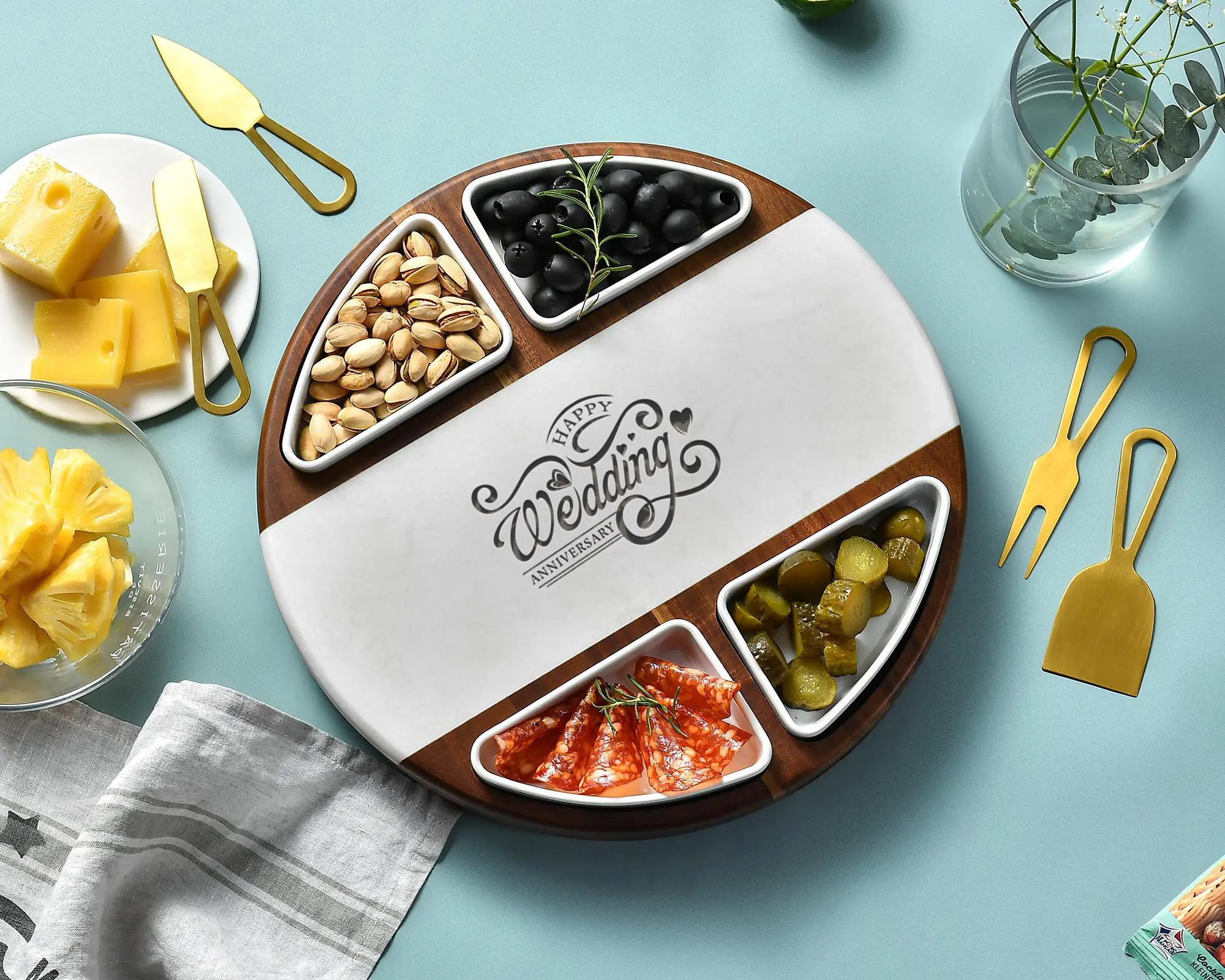 Personalized Lazy Susan for Table - Marble and Wood Charcuterie Board, Round Serving Board, Custom Engraved Wedding Gift for Couple
