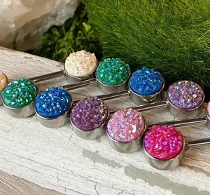 PAIR Iridescent Druzy Stone Ends Nipple Ring Barbells Shields Steel Body Jewelry