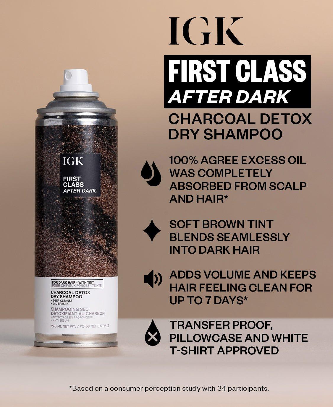 IGK FIRST CLASS AFTER DARK Tinted Charcoal Detox Dry Shampoo | Dark Hair | Balances Oil + Soothes Scalp + Volumizes | Cruelty Free | 243ml | 6.5 oz