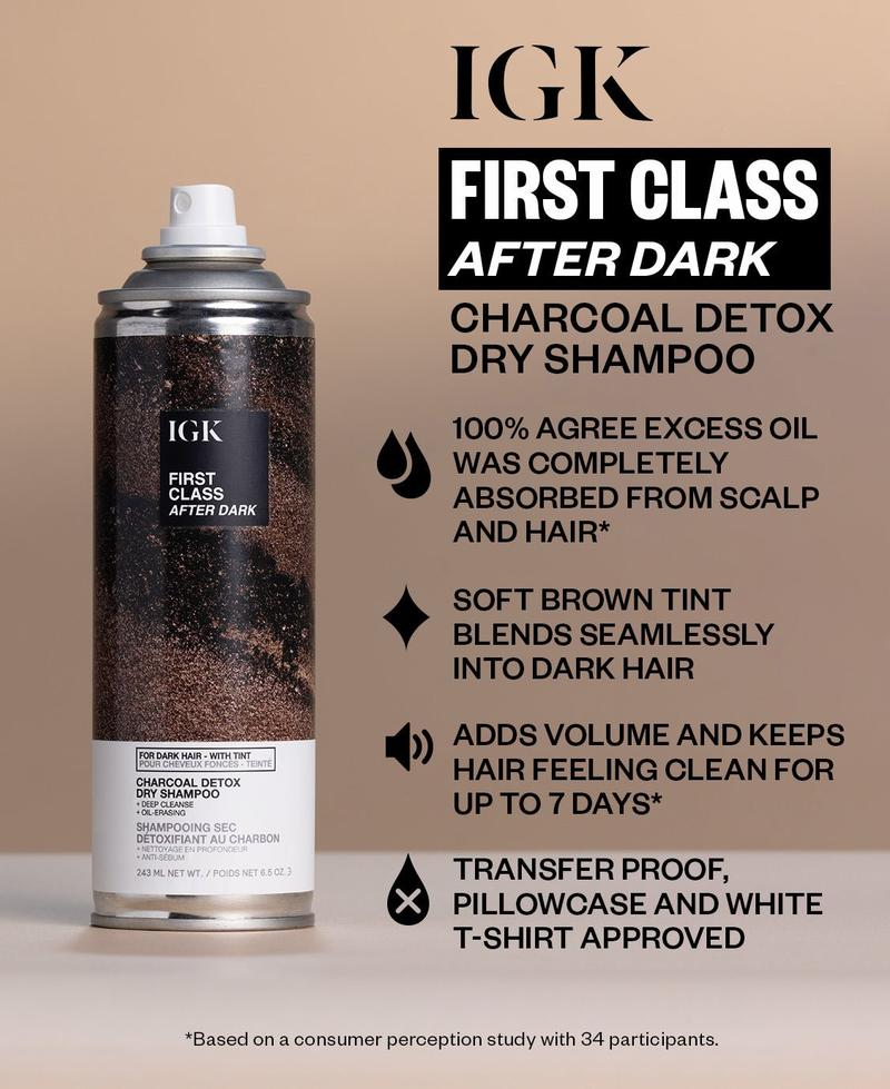 IGK FIRST CLASS AFTER DARK Tinted Charcoal Detox Dry Shampoo | Dark Hair | Balances Oil + Soothes Scalp + Volumizes | Cruelty Free | 243ml | 6.5 oz