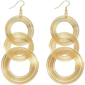 Women  Plated Long 70s Disco Earrings hoop round 3 circles Multi-layer drop big alloy geometric party wear Earring
