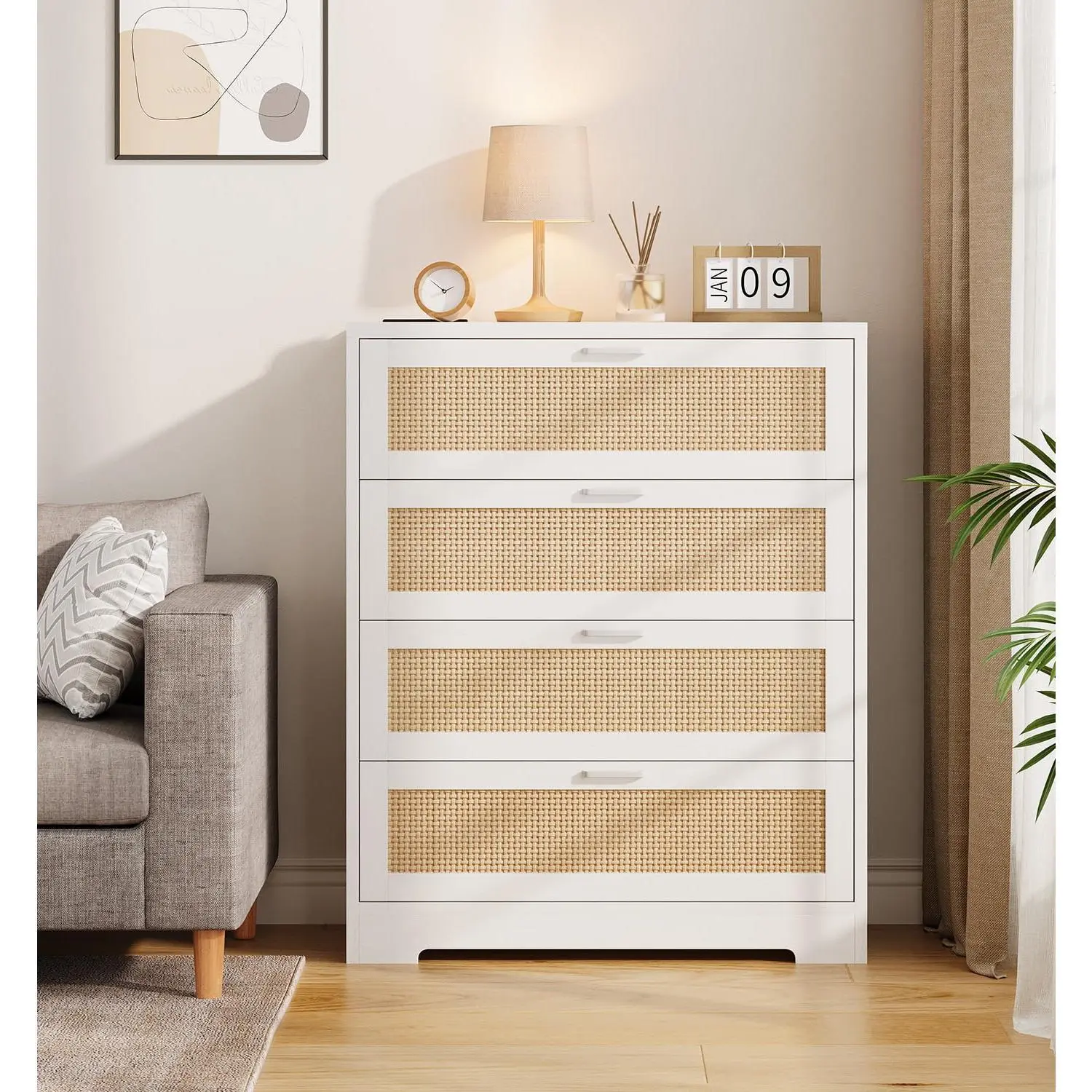 Garvee 4 Drawer Wooden Rattan Dresser, Modern Storage Chest for Bedroom, Living Room, Entryway