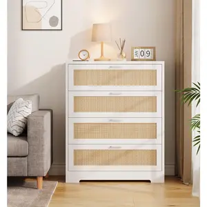 Garvee 4 Drawer Wooden Rattan Dresser, Modern Storage Chest for Bedroom, Living Room, Entryway