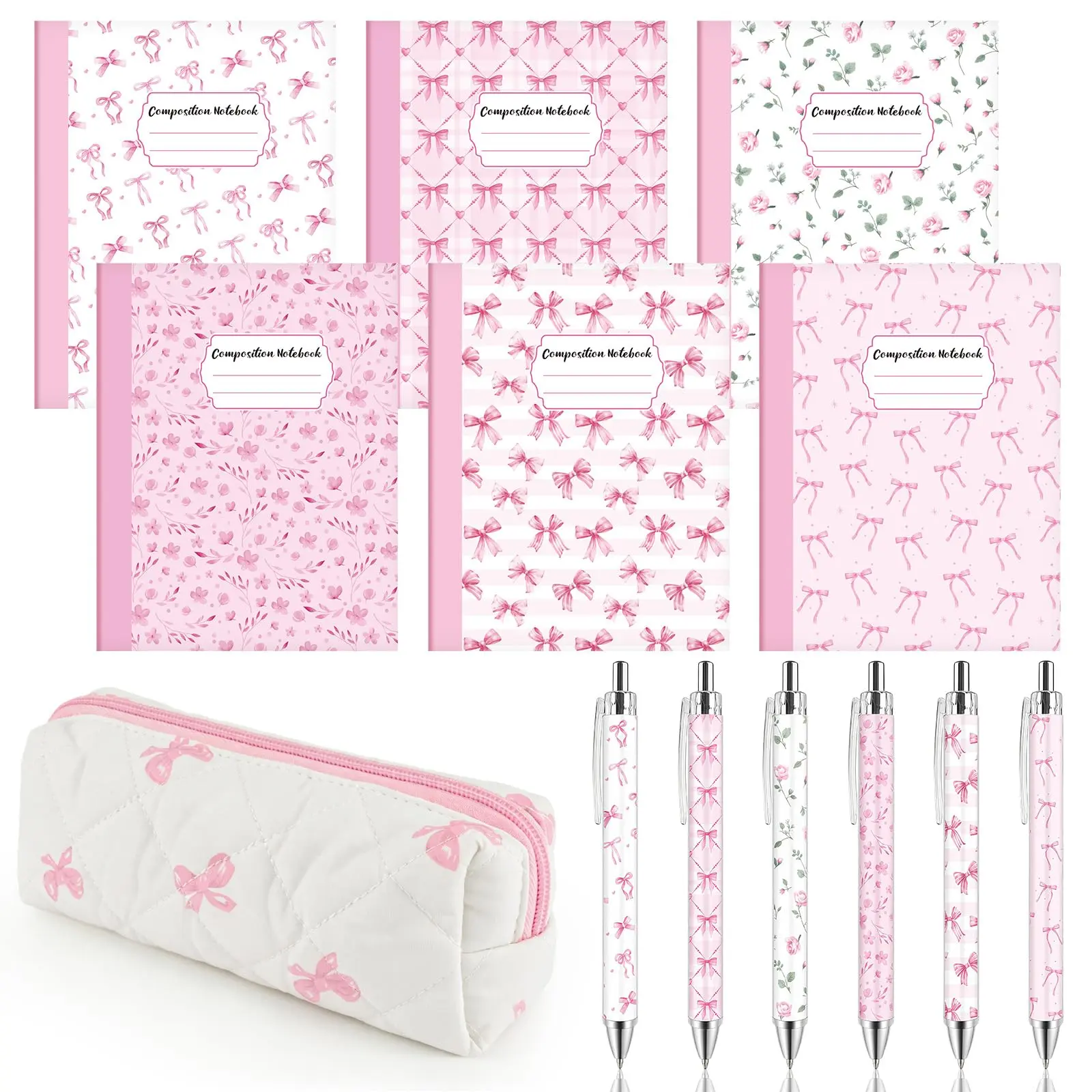 6 Pack Bow Composition Notebook Set, Cute School Supplies for Girls | Back to School Supplies, 6 Composition Notebooks, 6 Bow Pens, Pencil Case, Student Gift