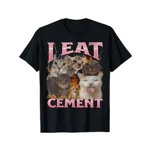 I Eat Cement Funny Cat Meme Graphic T-Shirt - Black Casual Short Sleeve Tee with Bold Pink Text & 4 Playful Cats Design, Regular Fit Round Neck for Adults, Humorous Novelty Apparel, Cat Shirt, Adult Clothing, Humorous Design, Comfortable Clothing