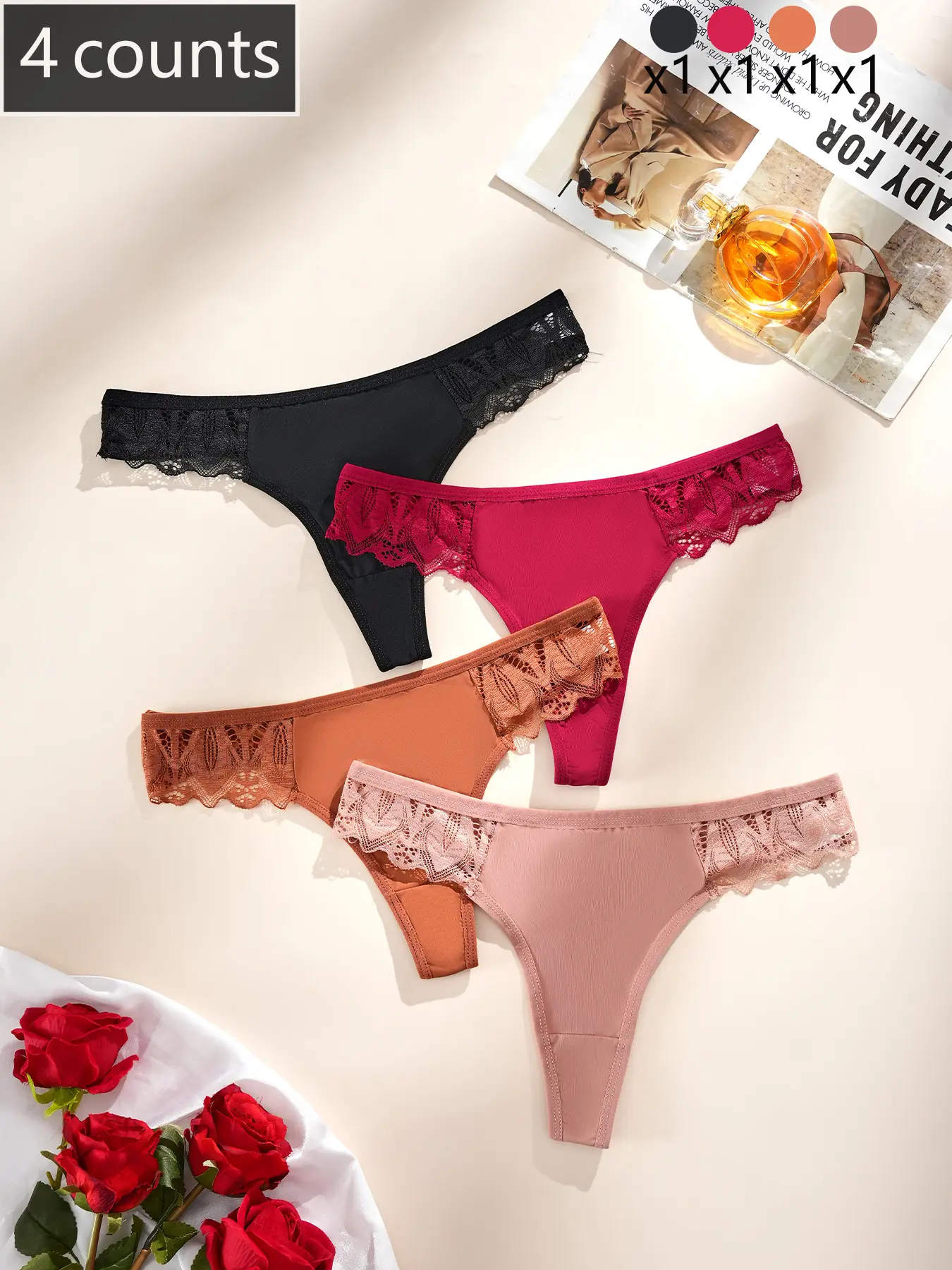 Dorsu Women's Lace Thong Panties Set, High Stretch, Breathable, Soft Fabric, Comfortable for All Seasons, Multi-Color Combination, Soft Comfy Knicker, Knitted Stretch Underwear