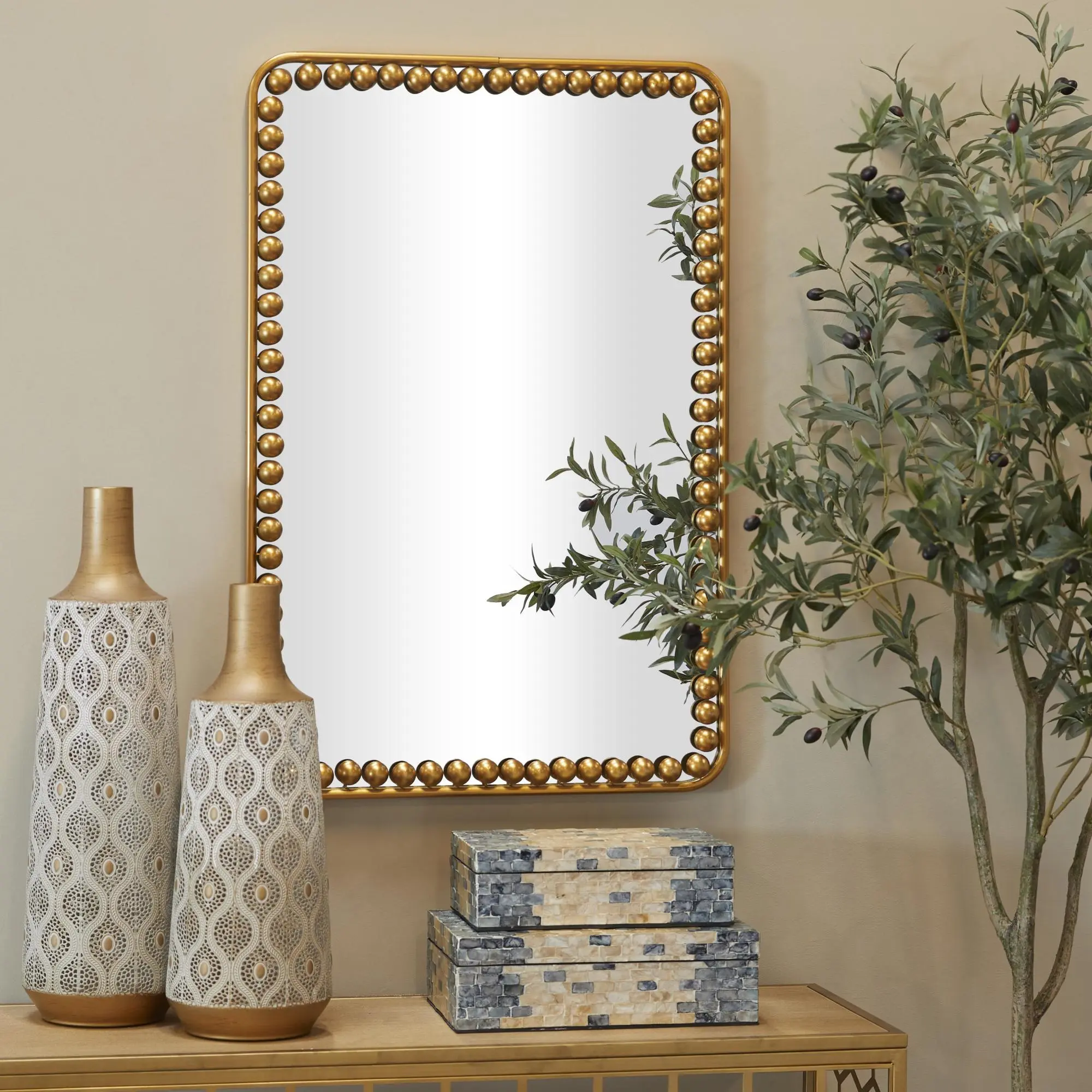 24x36 in Rectangle Gold Metal Beaded-Detailing Mirror, 24l x 1.80w x 36h inches Iron & Glass MDF Wall Mirror, Fully Assembled Home Decor for Entryway, Bedroom