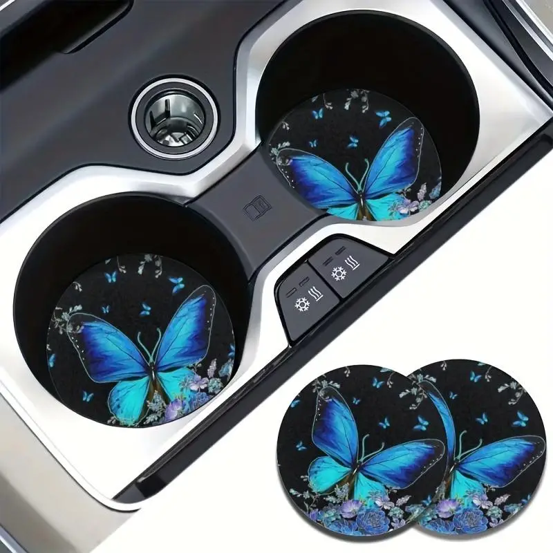 Butterfly Pattern Car Coaster, Round Anti-slip Car Cup Holder Coaster, Absorbent Auto Coaster, Vehicle Accessory for Women, Car Decorative Accessories