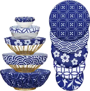 10-Pack Bowl Covers ReusableStretch Cloth Fabric Elastic Food Storage Bowl Covers Bread Sourdough Lids for Proofing Food Fruits Leftover(Blue White,Stylish Style)