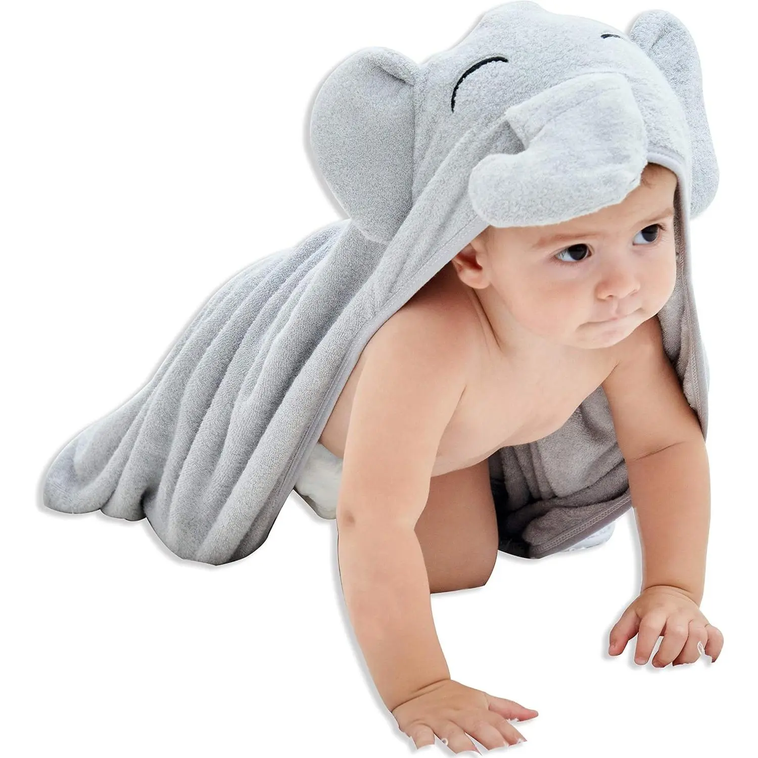 Hooded Towel - Rayon Made from Bamboo, Bath Towel with Bear Ears  Newborn, Babie, Toddler, Infant - Absorbent Large Baby Towel - Grey Elephant, 30 x 30 Inch