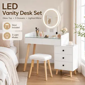 LED Lighted Makeup Vanity Desk with Glass Top, Extendable Side Table, 5 Drawers, Mirror and Stool for Bedroom Use