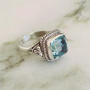 Vintage Elegant Silver Plated Ring with Synthetic Aquamarine Blue Cubic Zirconia, Zinc Alloy, for Women, with Charm for Wedding Engagement Proposal Promise, for Party Banquet Daily Wear, Christmas All-Season Gift
