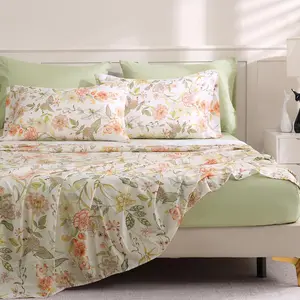 Floral King Size Bed Sheet Set, 6 Piece, Deep Pocket Sage Green Fitted Sheet, Comfy & Breathable Patterned Flat Sheets, Premium Microfiber, Warm Flower Printed