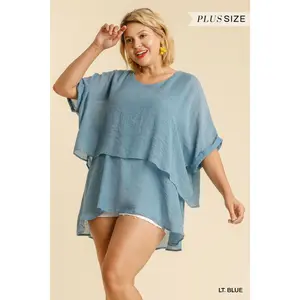 UMGEE® Layered Tunic Top Plus Size Polyester Light Blue Casual Top with Ruffled Sleeves for Women