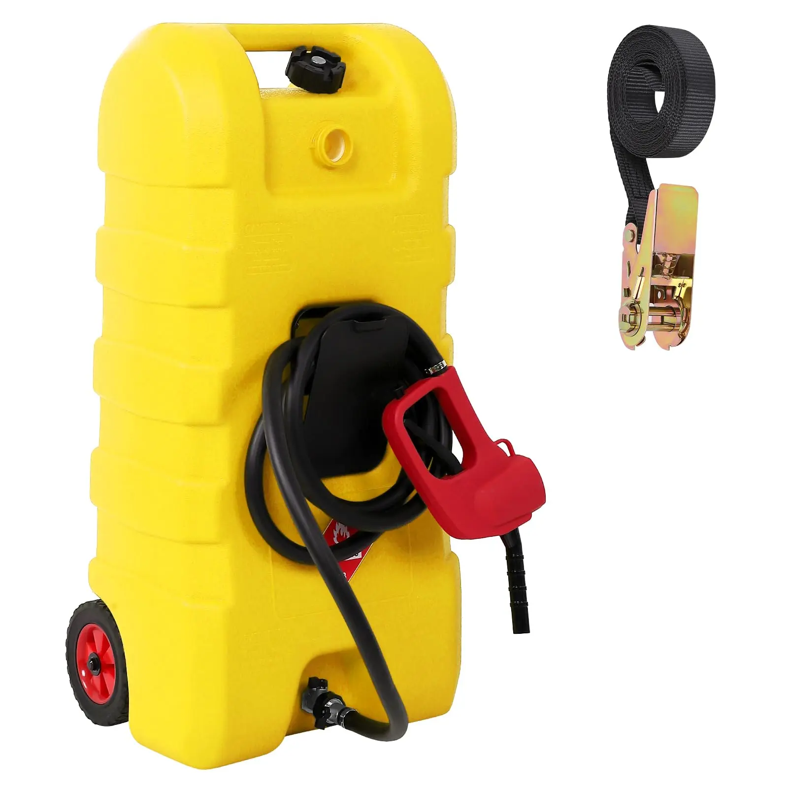 15-gallon portable gas can with fluid transfer siphon pump and 10 ft delivery hose — wheeled diesel storage tank for cars, lawn mowers, ATVs, boats — yellow Car Tool Automotive silver gray outdoor patio furniture acacia wood table top Auto Tools