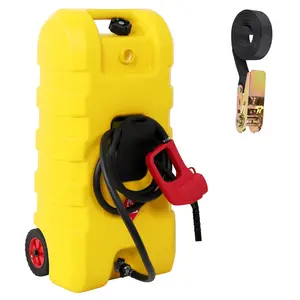 15-gallon portable gas can with fluid transfer siphon pump and 10 ft delivery hose — wheeled diesel storage tank for cars, lawn mowers, ATVs, boats — yellow