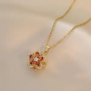 Relaxing Stress Rotating Five petal Flower Pendant Necklace, Soothing Restlessness Necklace, Rotating Crystal Flower Necklace,  Gold Plated Titanium Steel Spinning Bauhinia Pendant Necklace, Flexible and Rotatable Jewelry Necklace