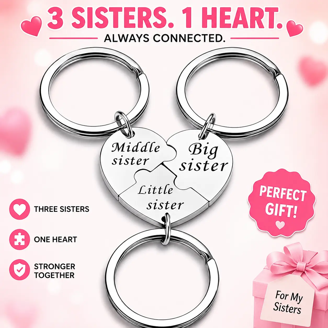 3PCS Sister Keychain Sister Gifts from Sisters Birthday Gifts from Sisters in Law Wedding Big Sisterr Gift for Girls Little Sisterr Matching Keychain Sibling Mothers Day Presents Christmas Adjustable Heart Rate Couples Bracelet Set