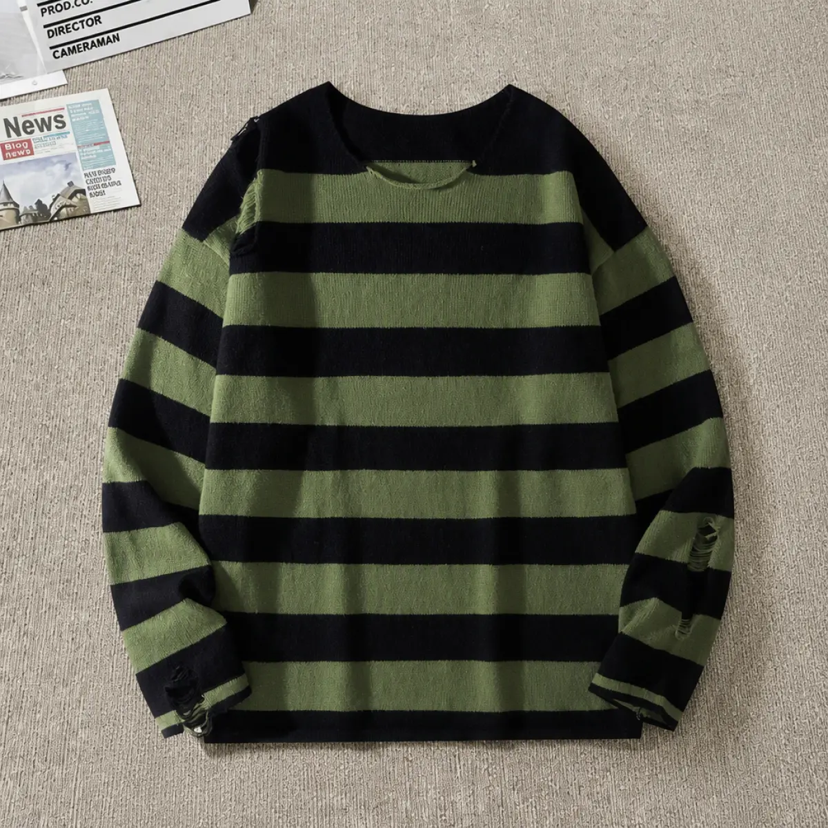 Men's Round Neck Long-Sleeve Polyester Pullover Sweater - Autumn & Winter Stylish Striped Color-Blocking Distressed Hole Streetwear Tops, Unisex Neutral Casual Indoor Leisure Lightweight Knitwear, Menswear, Longsleeves, Stripped