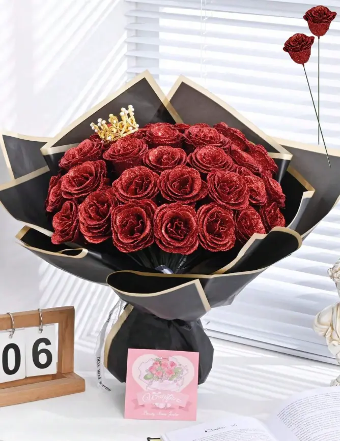 6PCS Glitter Rose Bouquet – Artificial Red Rose Flowers with Wrapping Paper, Sparkling Everlasting Rose Bouquet for Valentine's Day, Anniversary