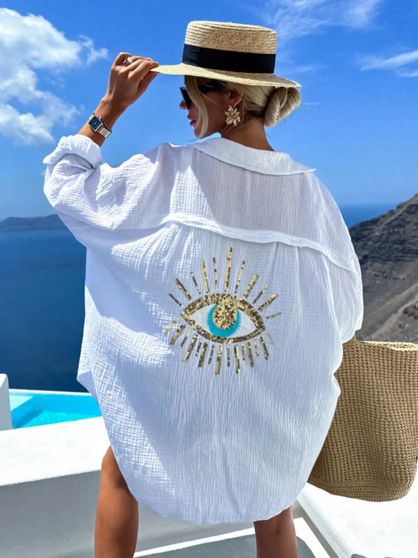 Women's Eye & Sun Design Sequin Pocket Shirt, Casual Loose Long Sleeve Top for Spring, Fashion Women's Blouse for Daily Wear
