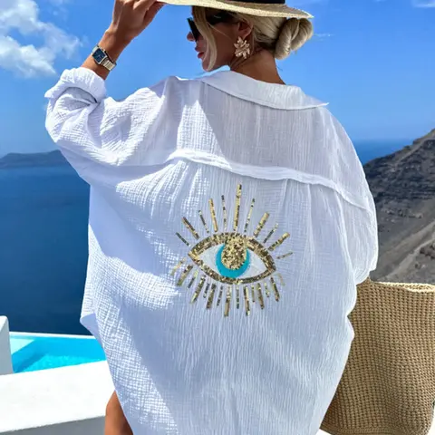 Women's Eye & Sun Design Sequin Pocket Shirt, Casual V Neck Long Sleeve Loose Top for Spring & Fall, Fashion Women's Clothing for Daily Wear, Blouse