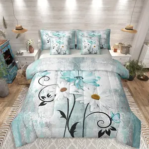 Blue Teal Bedding Set,Rustic Farmhouse Daisy 7 Piece Comforter Set,Bed In A Bag,Girls Women Adults,Farm Country Turquoise Floral Flowers Comforter and Sheets Watercolor Ombre Bed Set