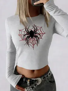 Gothic Spider Web Pattern Long Sleeve Top, Trendy Alternative Gothic Party Clothing, Tiktok Horror Daily Wear, Fall Party