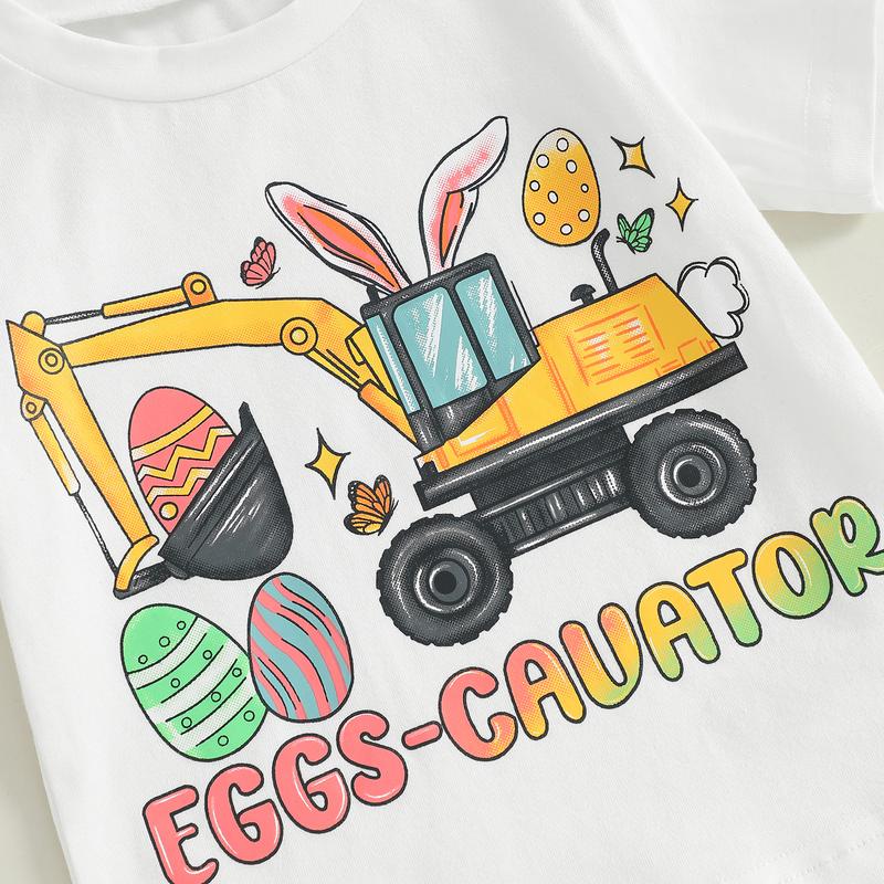 Girls Easter Outfit 6 9 12 18 24Months 2t 3t 4t Short Sleeve Tractor Print T-shirt with Eggs Print Flare Pants and Headband Summer Outfit