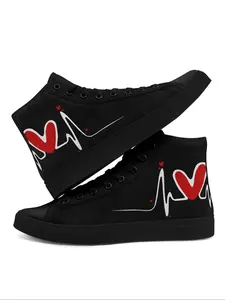 Women's Heartbeat Print Lace Up Canvas Sneakers, Casual Comfortable Soft Sole Skate Shoes, Fashionable Shoes for All Seasons