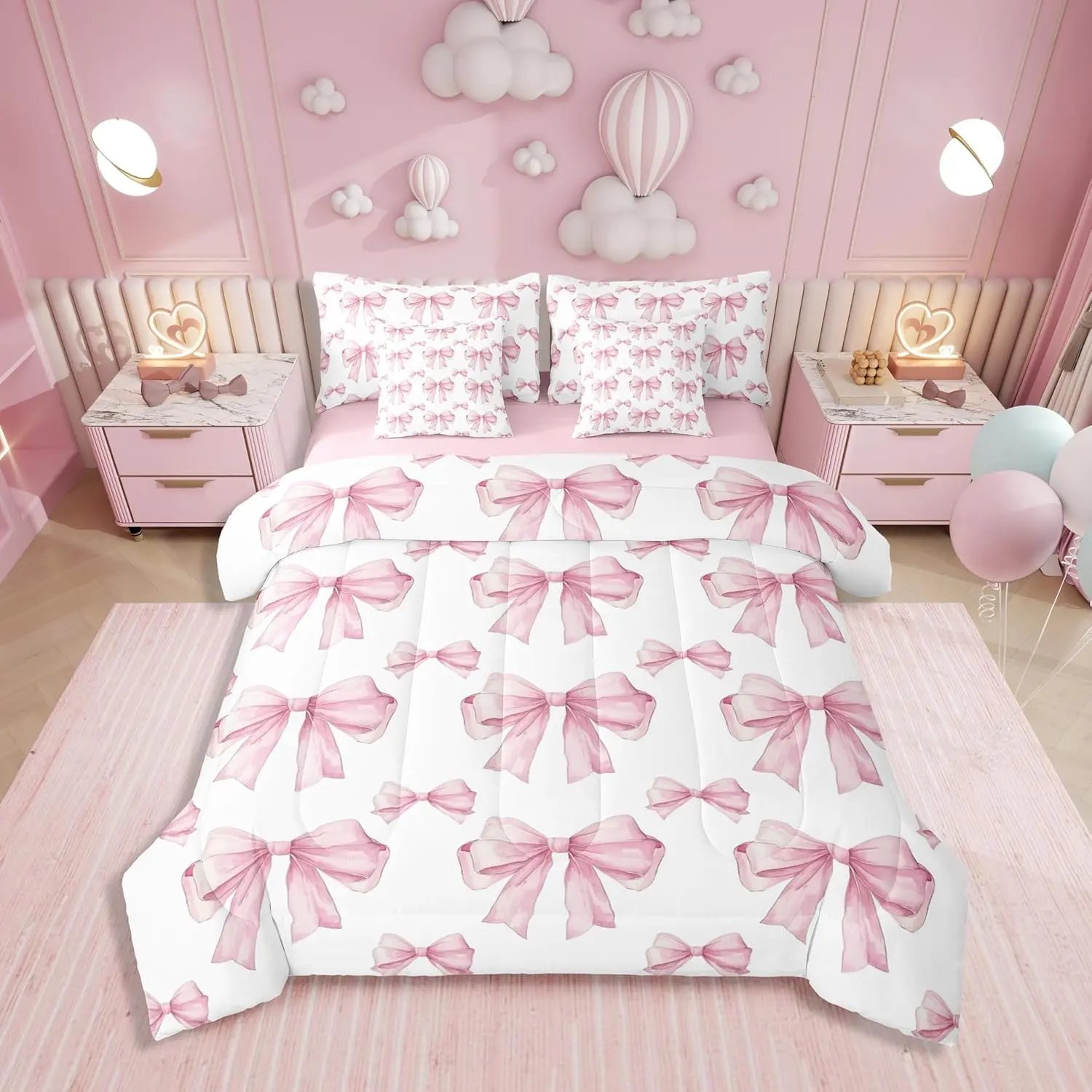 Feelyou 7-Piece Pink Bowknot Princess Comforter Set - Ultra-Soft Microfiber Bed-in-a-Bag, Cute Bedding Sets, Machine Washable, Blanket for Daughters, Ideal for Valentine's Day, Children's Day, Housewarming, Matching Bedding