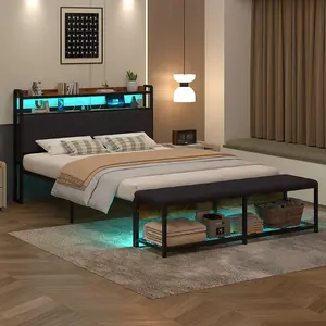 VECELO Bed Frame with Bench Storage Bed End Stool USB Charging Station & LED Lights, Upholstered Headboard Full Queen Size Platform Bed with Shelves and Bench Bedroom Set