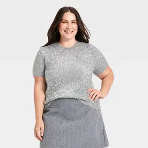 Women's Short Sleeve Round Neck Tinsel Pullover Sweater - A New Day Silver XXL