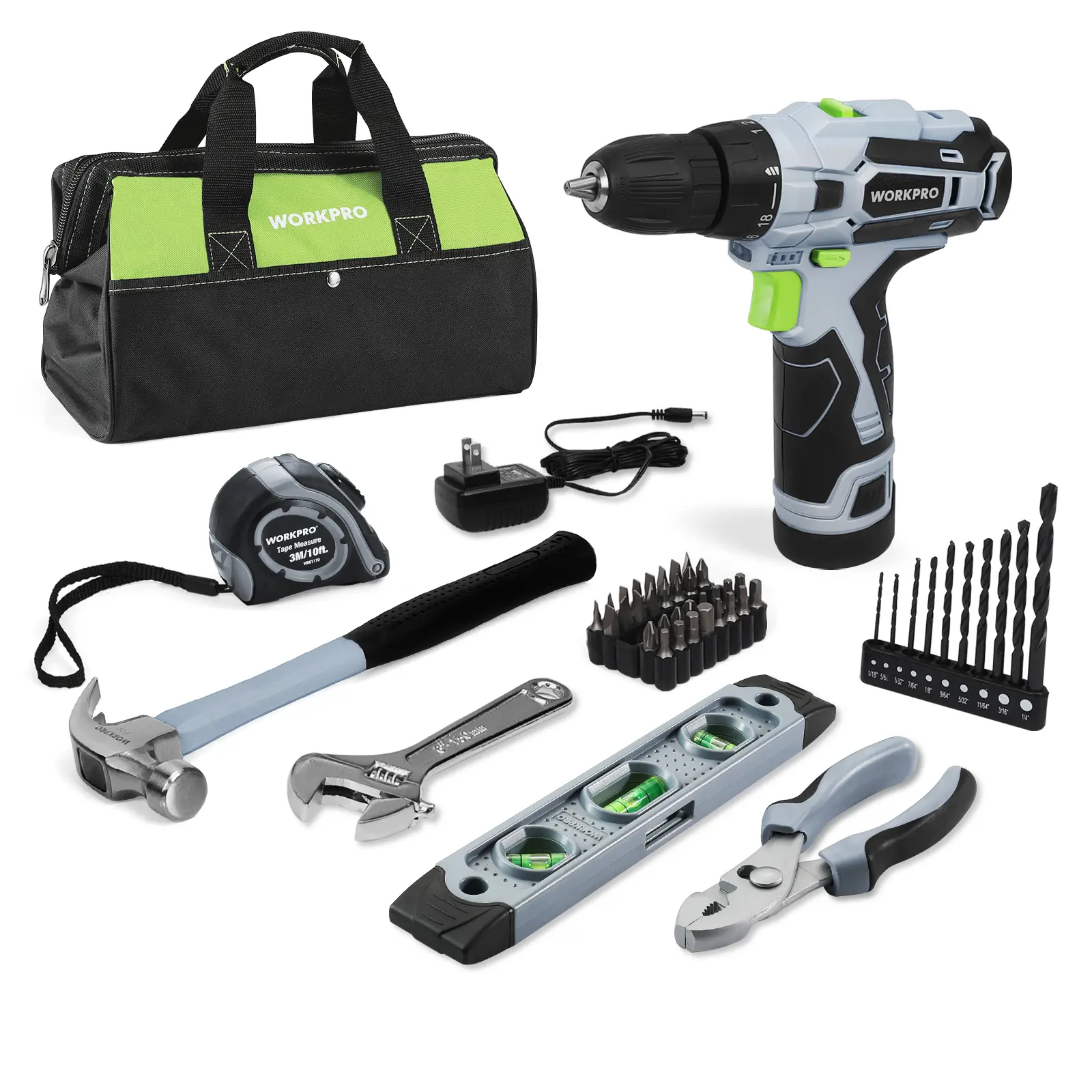 #fathersdaygift WORKPRO 12V Cordless Drill Driver and Home Tool Kit, Hand Tool Set for DIY, Home Maintenance, 14-inch Storage Bag Included