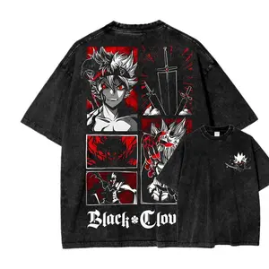Black Clover Asta Oversized T-Shirt, Retro Washed Black Acid-Wash Tee, Asta Demon Form & Swords Panel Graphic Print, Unisex Streetwear for Fans & Outdoor Wear