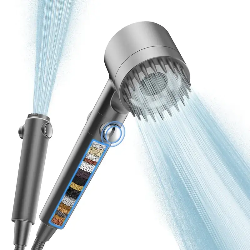 Handheld Filter Shower Head Kit, Chrome Finish, 4-Setting Massage Spray, 60" Hose, High-Pressure, Low Flow, 1-Touch Water Stop, Adjustable Pressure, Micro-Technology Nozzles, Easy Install