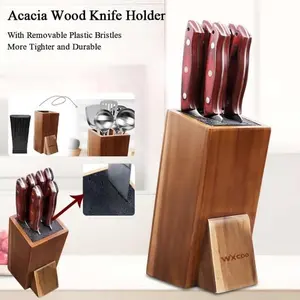WXCOO Acacia Wood Knife Block with Removable Plastic Bristles, Universal Kitchen Knife Holder Organizer for Knives, Scissors & Peeler, Stable Countertop Cutlery Storage Rack for Home Kitchen Decor & Housewarming Gift