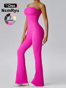 Women's Sexy Yoga Ribbed One Piece Tube Jumpsuit Rompers Flared Trousers Tights Push-up Sports Bodysuit Women Fitness Suit Workout Sportswear Gym Sportswear Jumpsuits