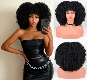 Kinky Curly Wigs for Black Women,12Inches Machine Made Wigs Afro Bomb Curly Wigs about 280g/Piece Natural Glueless Heat Resistant Synthetic African Wig -Black