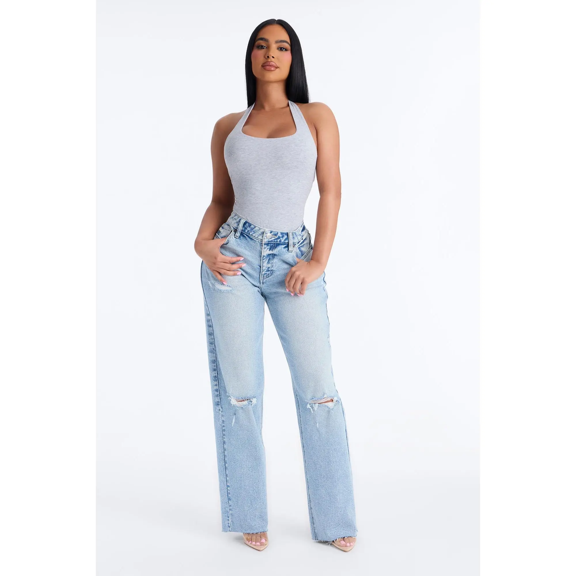 90s Classic Mid Rise Ripped Stretch Straight Leg Jeans - Light Wash