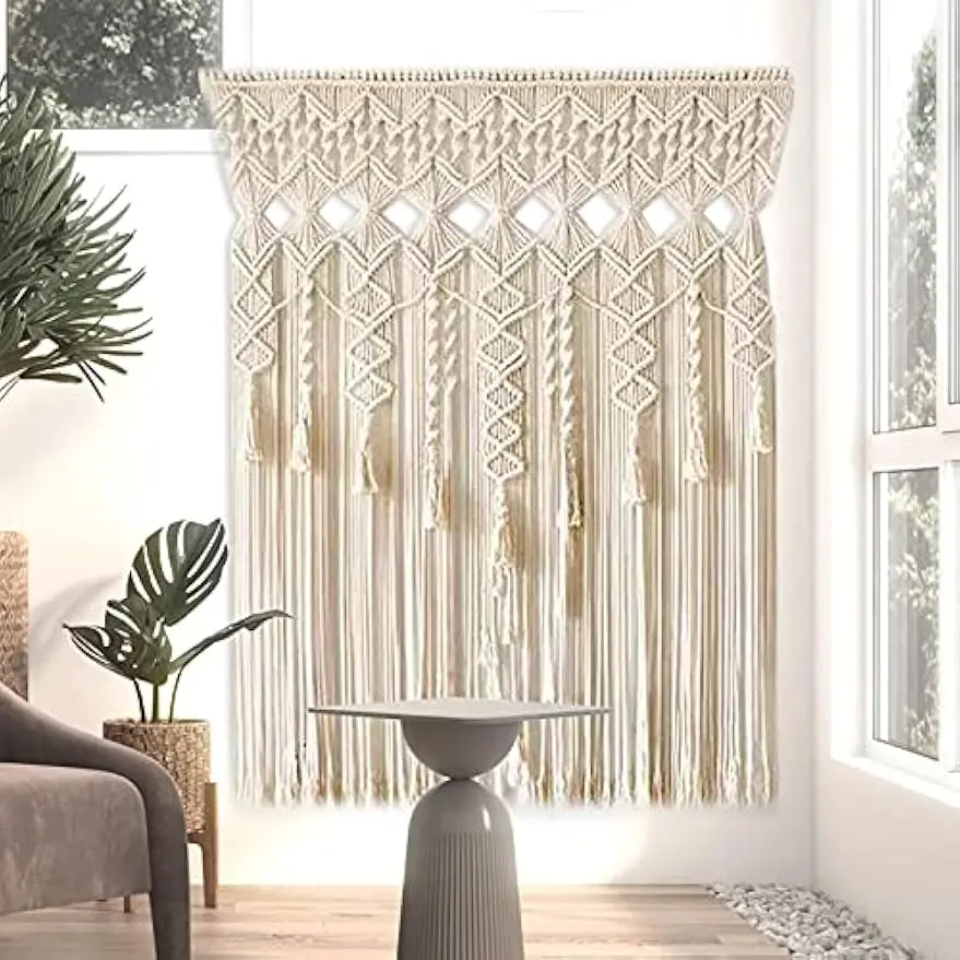 Boho Macrame Art Style Curtains - 71x35in Beige Hand-Woven Window Curtain, Non-Toxic Corrosion-Resistant Hanging Decor, Room Divider for Living Room