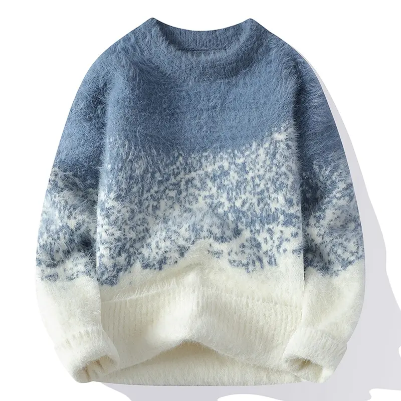 Men's Gradient Fuzzy Knit Sweater, Crew Neck Design, Gradient Dyeing Pattern, Ribbed Cuffs And Hem, Soft Plush Warm Fabric Long Sleeve Top For Daily Commute, Campus And Casual Outfits