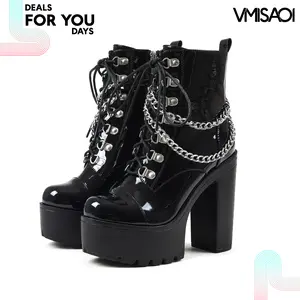 Womens Platform Ankle Boots Round Toe Chunky Block High Heel Side Zipper Chains Studded Lace Up Pull On Goth Fashion Punk Motorcycle Riding Travel Party Concert Rave Cosplay Comfortable Trendy Black Patent Combat Booties Deals For You Days
