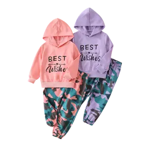 4-piece girls' autumn fashion casual suit cute letter printing skin-friendly hooded sweatshirt camouflage fashion elastic waist trousers suit