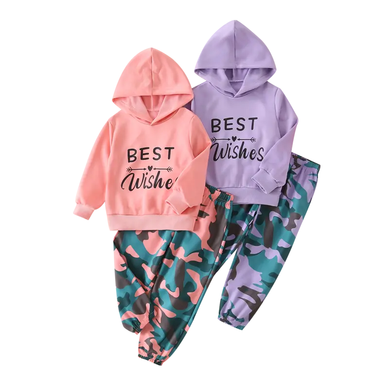 4-piece girls' autumn fashion casual suit cute letter printing skin-friendly hooded sweatshirt camouflage fashion elastic waist trousers suit Set Outfit Matching Outfits Set