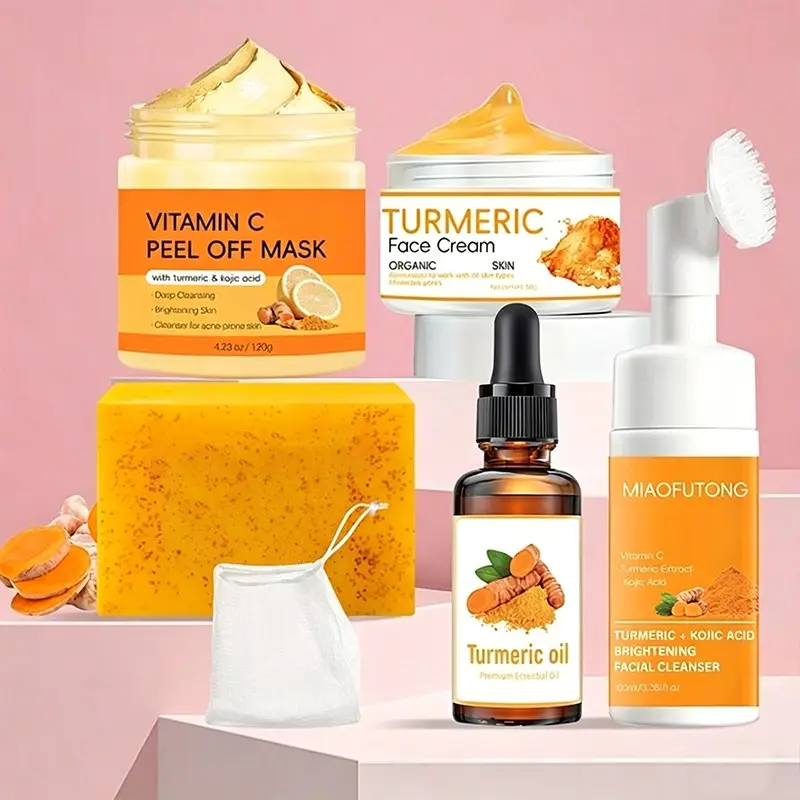 Skin Care Kit, 6-Piece Set with Soap, Cleanser Pads, Lotion, Oil, Vitamin C Peel Mask, Soap Bag, Unisex, Moisturizing Skincare Box, Spa Gift Set