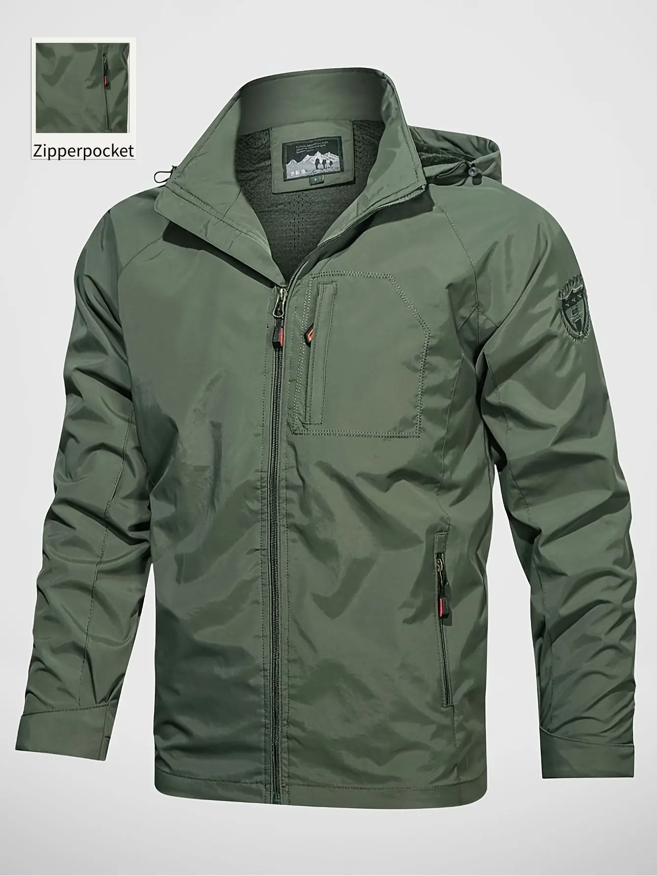 Men’s Outdoor Hooded Jacket with Multiple Zipper Pockets + Detachable Hood Casual Sports Jacket