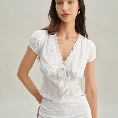 RIHOAS Women's Elegant Textured Cotton Blouse Shirt - Square Decorative Neckline, Cap Sleeves, Ruched Tie-Front, Lace Splicing, Waist Cut, Chic Tops, Lace Print Blouses & Shirts for Going Out, Back to School