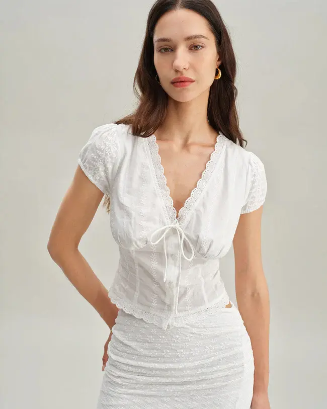 RIHOAS Women's Blouse, an Elegant Textured Cotton Top with Cap Sleeves, a Ruched Tie Front and Lace Splicing for Going Out, Shirts,back to school,back to school shopping, Classy Tops Going Out