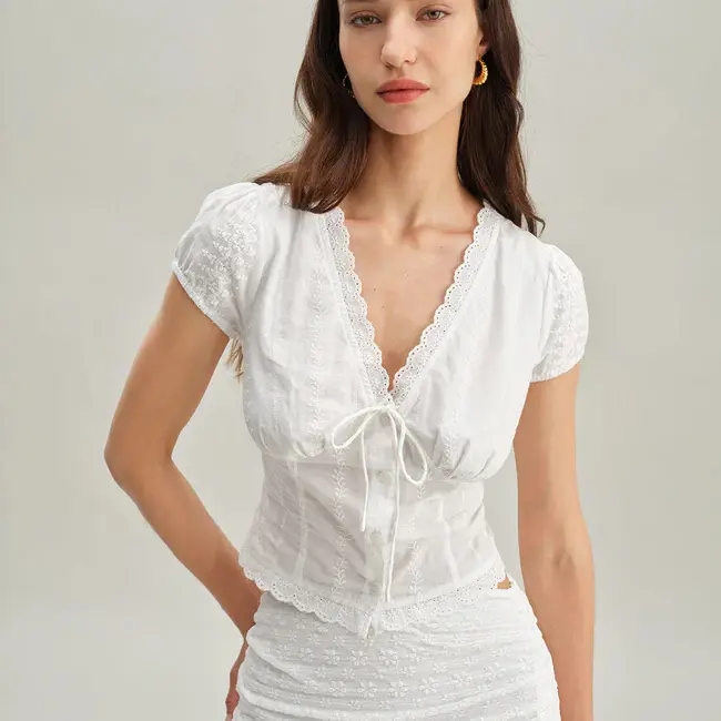 RIHOAS Women's Elegant Textured Cotton Blouse Shirt - Square Decorative Neckline, Cap Sleeves, Ruched Tie-Front, Lace Splicing, Waist Cut, Chic Tops, Lace Print Blouses & Shirts for Going Out, Back to School